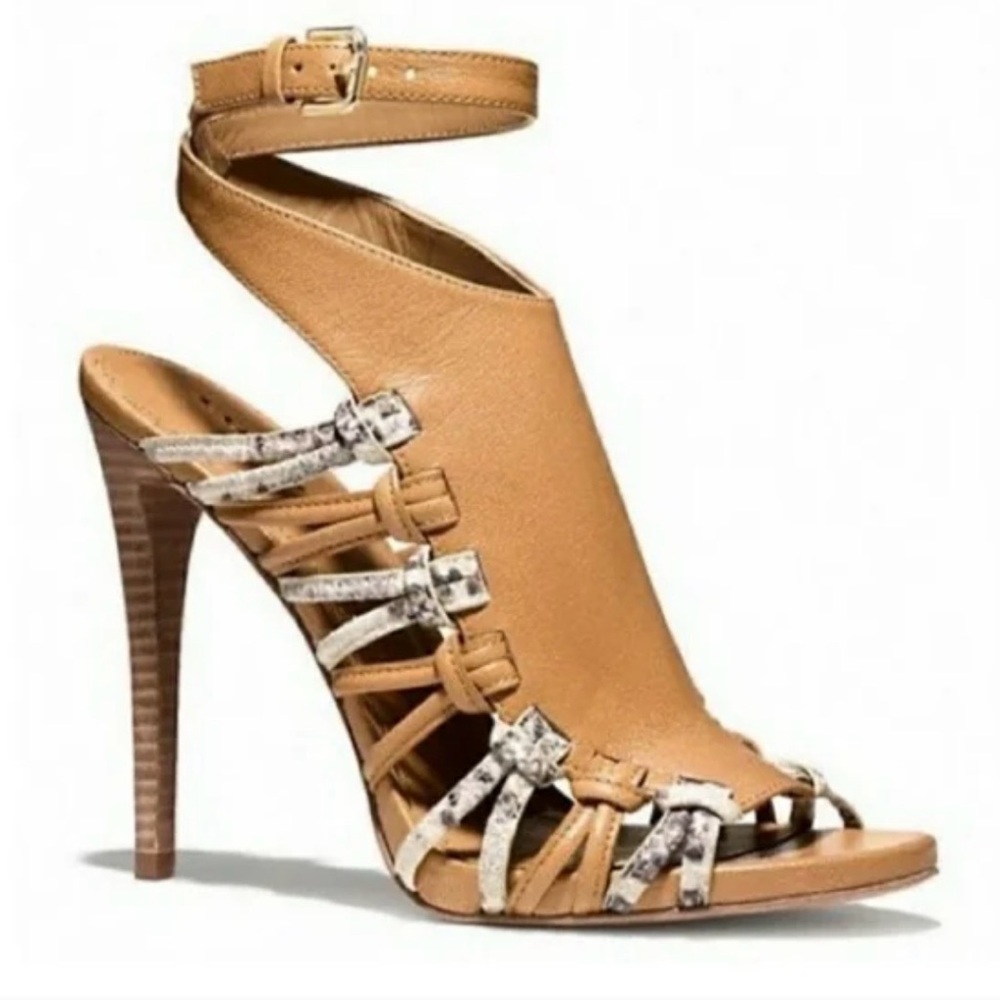 COACH Jody tan brown python snake detail leather sandal heels 8 $268 - Picture 2 of 9